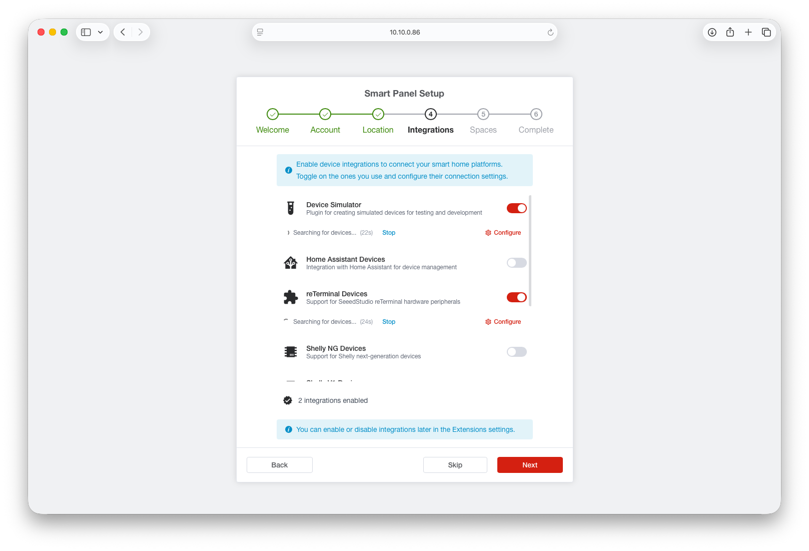 Integrations selected