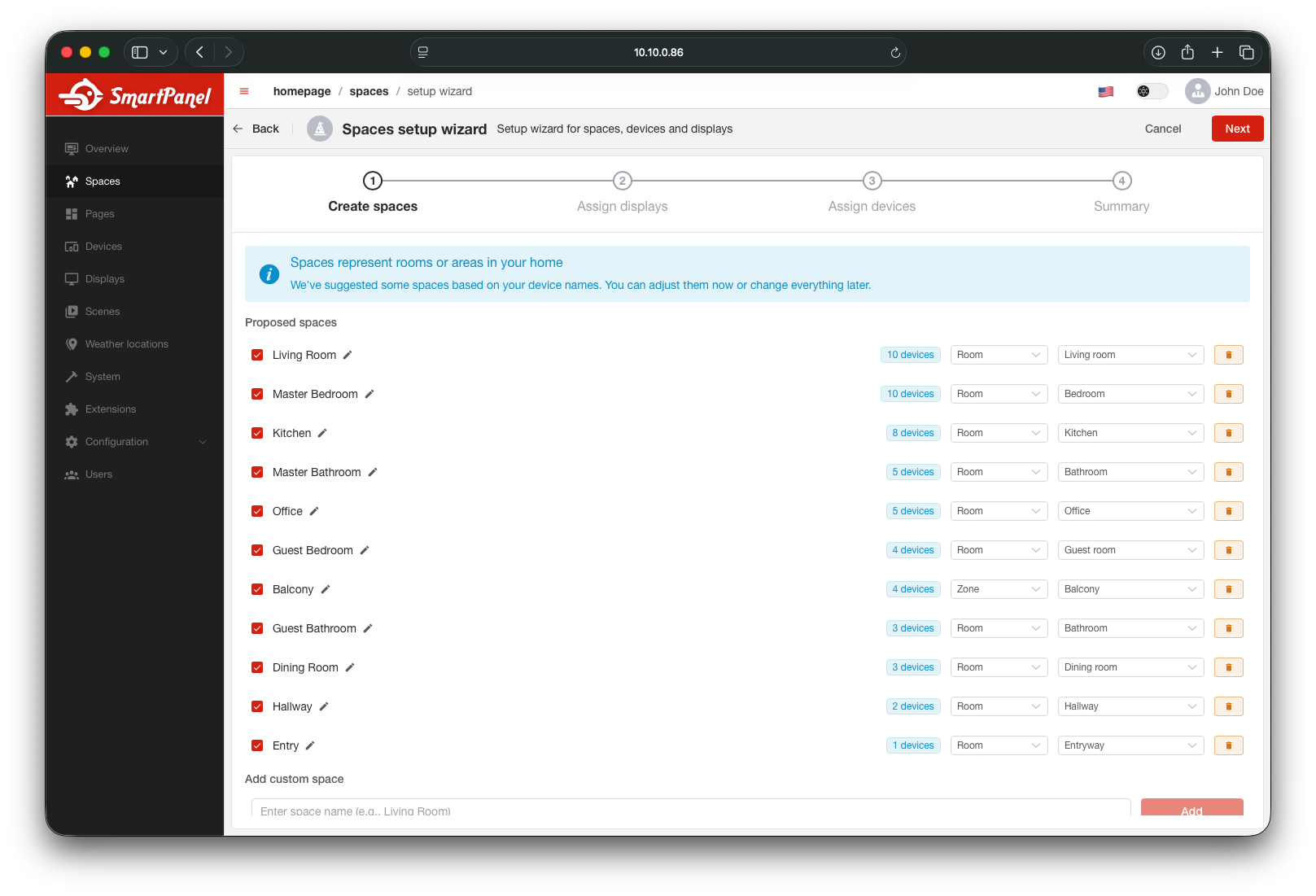 Wizard — create spaces